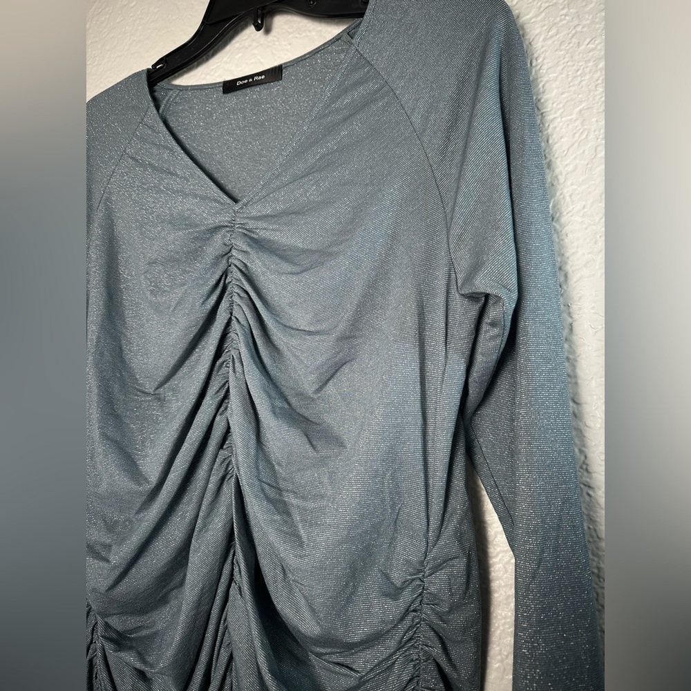 Doe & Rae Blue Metallic Long Sleeve Ruched Dress - Picture 4 of 4